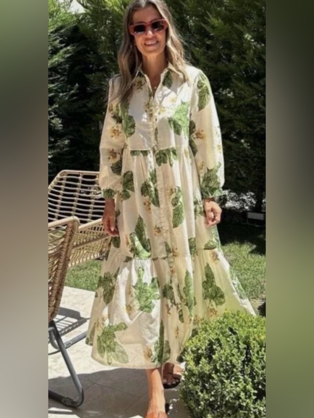 Zara Buttonfront Green Yellow Floral Shirt Midi Dress XS
